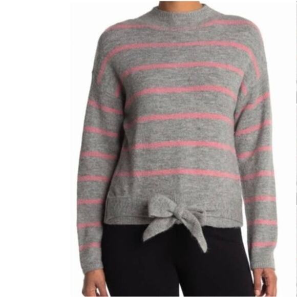 WAYF Striped Mock Neck Tie Waist Pullover Sweater Gray Pink Wool Blend Small - Picture 12 of 12